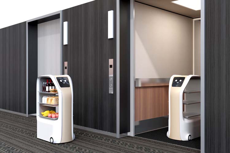 A delivery robot is in the elevator and another one is moving in the lobby carrying food.